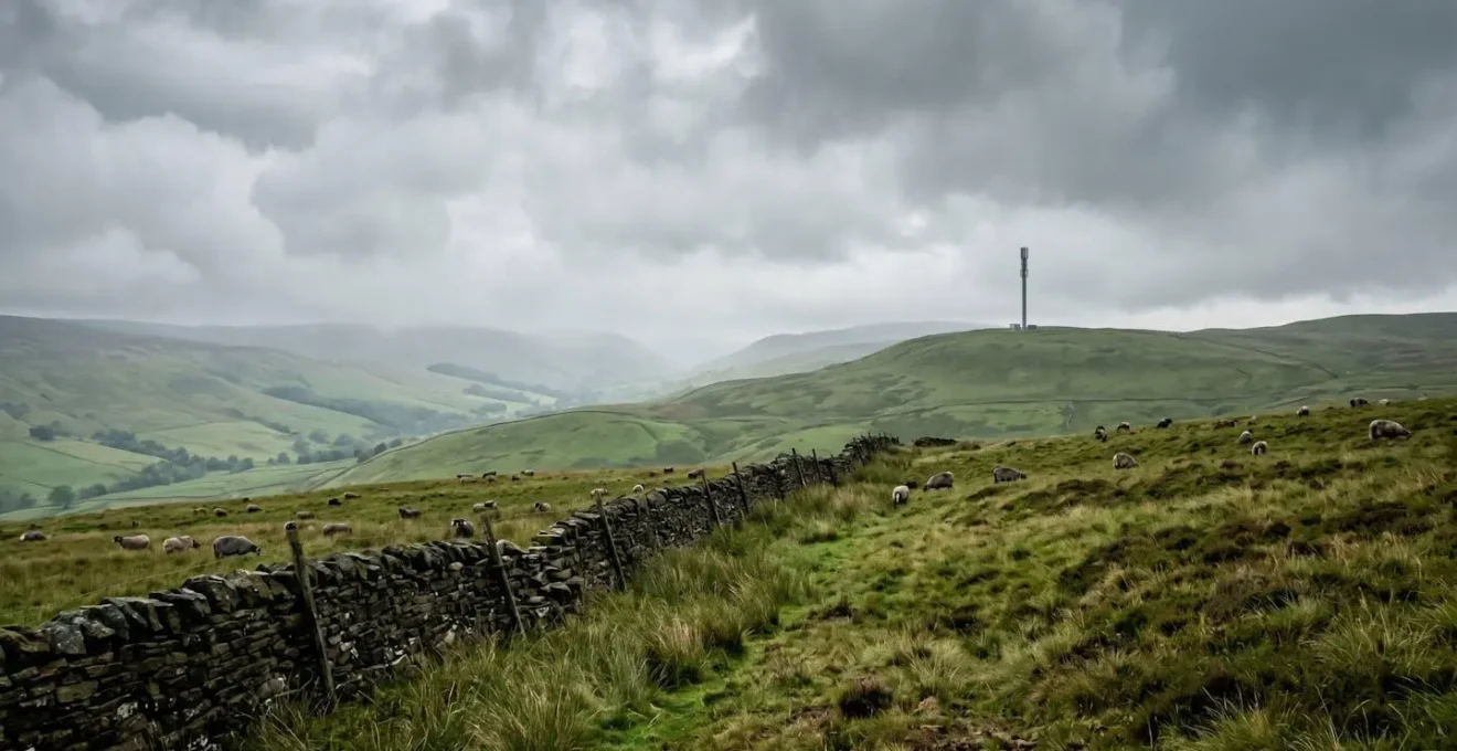 Rural UK landscape with modern telecommunications mast bringing 5G connectivity to the countryside