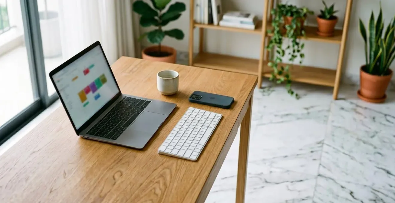 Professional content creator workspace showing AI-assisted social media planning with multiple screens and creative tools