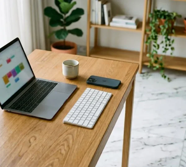 Professional content creator workspace showing AI-assisted social media planning with multiple screens and creative tools