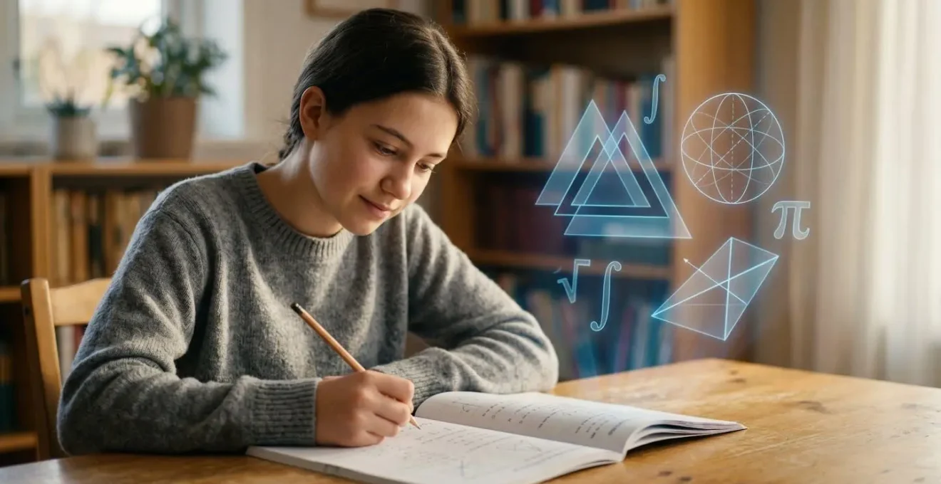 A focused teenage student working on mathematics problems with holographic AI interface elements floating beside them, representing the blend of human learning and artificial intelligence assistance