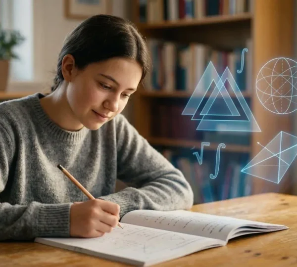 A focused teenage student working on mathematics problems with holographic AI interface elements floating beside them, representing the blend of human learning and artificial intelligence assistance