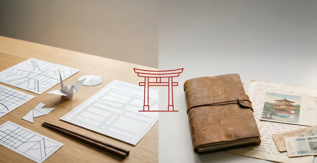 Split conceptual travel planning scene comparing AI algorithm and human travel advisor expertise for Japan itinerary
