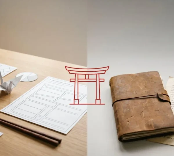 Split conceptual travel planning scene comparing AI algorithm and human travel advisor expertise for Japan itinerary