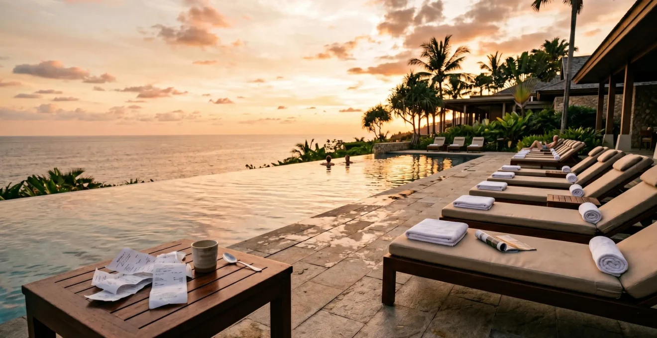 Family discovering unexpected charges at tropical resort checkout creating budget concerns