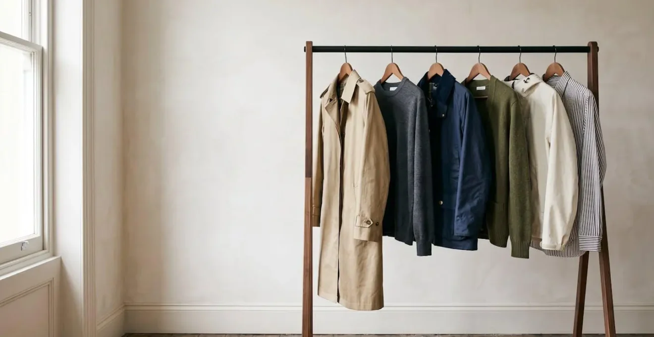 Curated collection of weatherproof clothing pieces hanging on minimalist rail against clean background, showcasing quality fabrics and timeless design suitable for unpredictable British climate