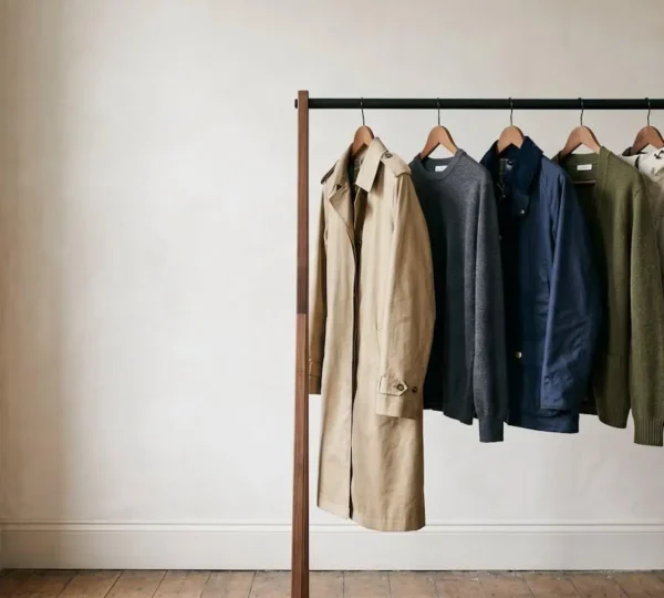 Curated collection of weatherproof clothing pieces hanging on minimalist rail against clean background, showcasing quality fabrics and timeless design suitable for unpredictable British climate