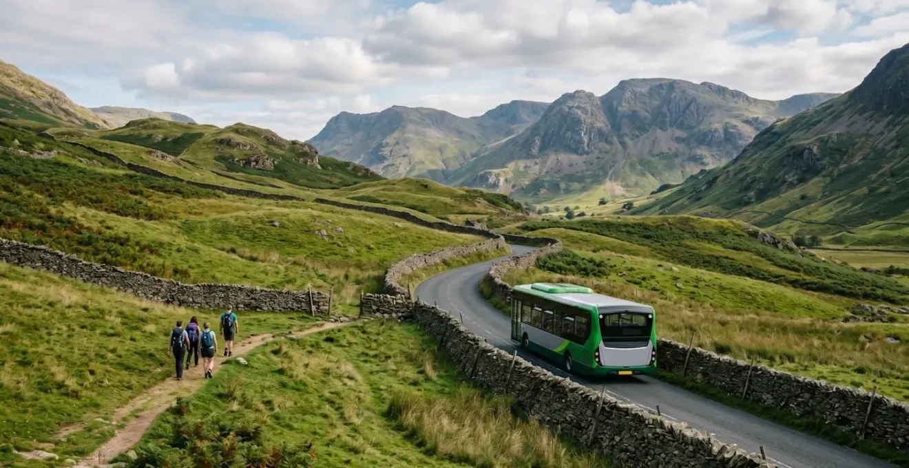 Scenic view of Lake District fells with public bus on winding road and hikers walking along mountain path