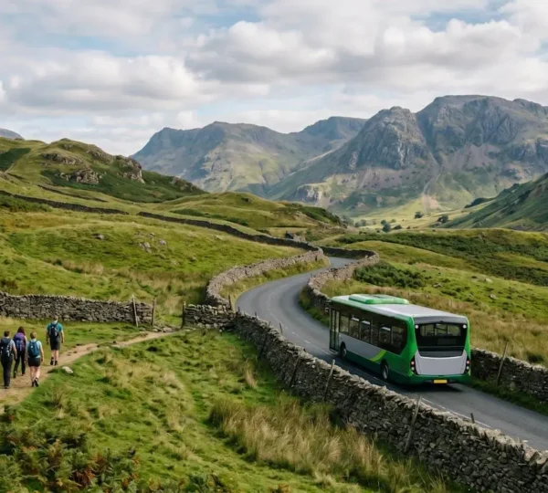 Scenic view of Lake District fells with public bus on winding road and hikers walking along mountain path