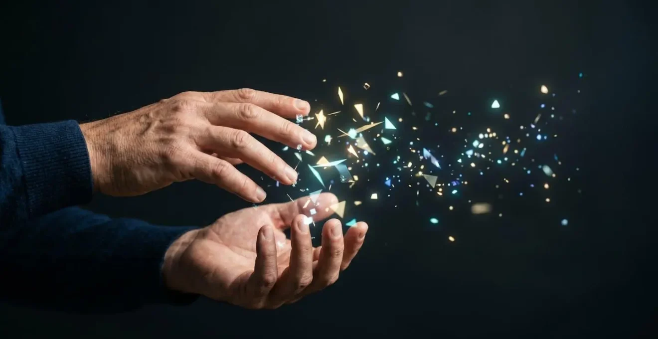 Close-up of hands interacting with abstract digital light elements representing valuable NFT art transaction