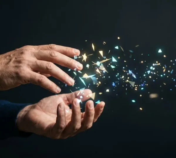 Close-up of hands interacting with abstract digital light elements representing valuable NFT art transaction