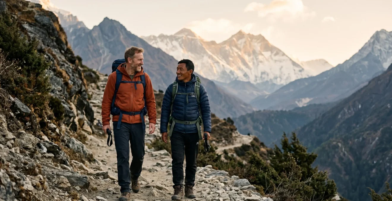 Trekker and Sherpa porter walking together on Everest Base Camp trail with mountain vista