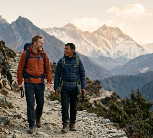 Trekker and Sherpa porter walking together on Everest Base Camp trail with mountain vista