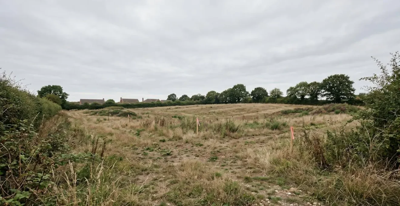 Professional site assessment of vacant development land with natural terrain features and surveying context