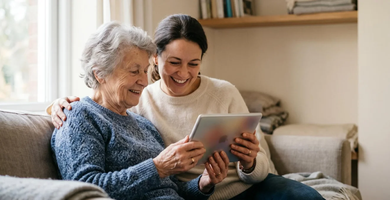 A family viewing precious digital memories together in a warm, intimate setting