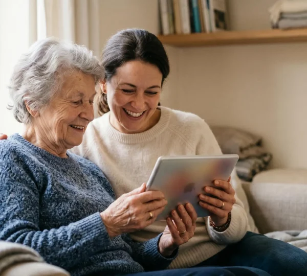 A family viewing precious digital memories together in a warm, intimate setting