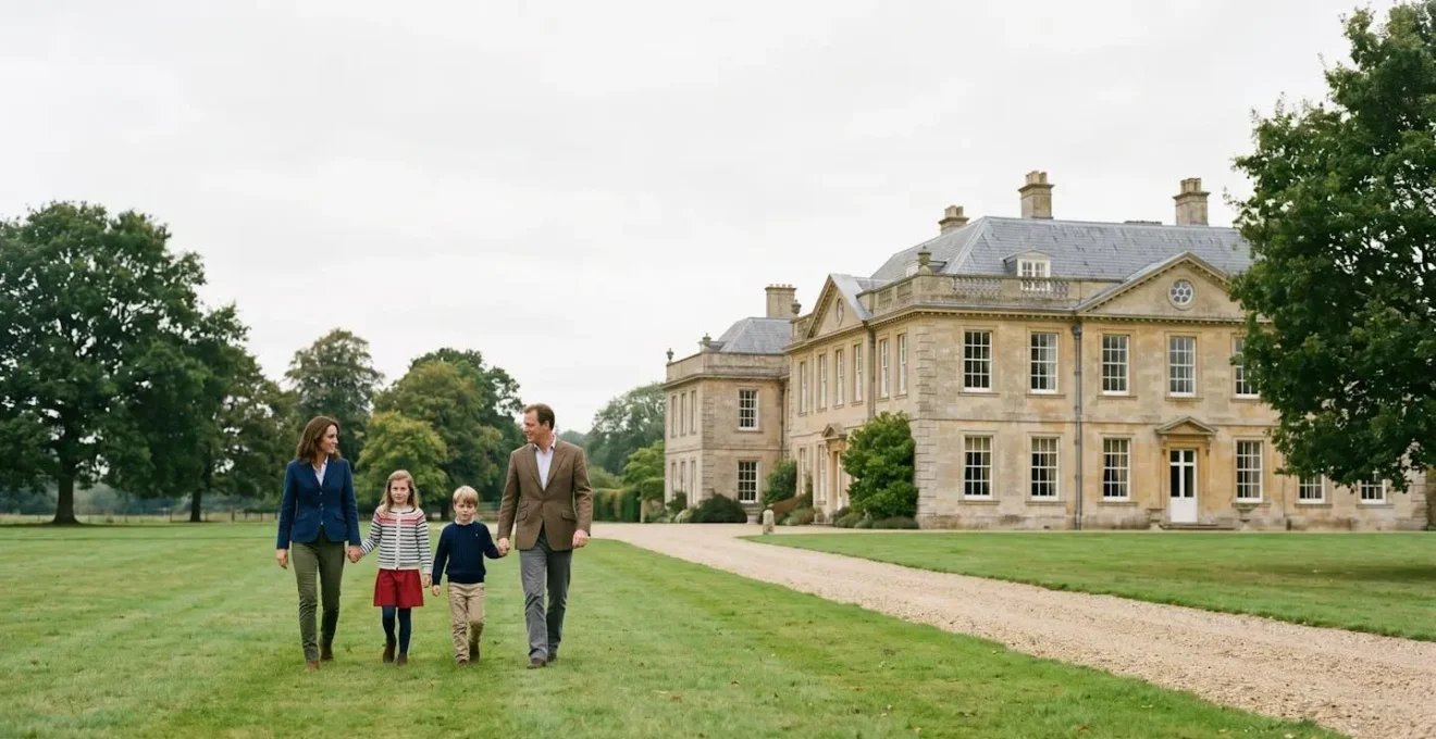 A family of four exploring a historic estate with castle towers and manicured gardens visible in soft natural light