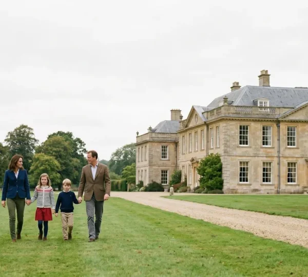 A family of four exploring a historic estate with castle towers and manicured gardens visible in soft natural light
