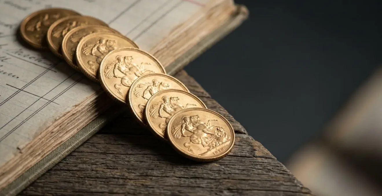 Gold sovereign coins arranged strategically with UK economic indicators representing inflation hedge investment