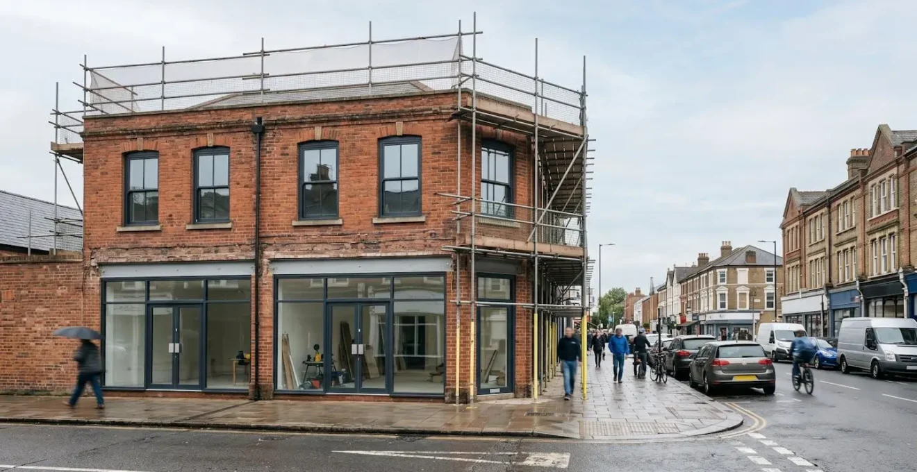 Former commercial building being converted into modern residential flats on a British high street