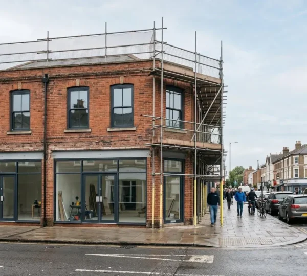 Former commercial building being converted into modern residential flats on a British high street
