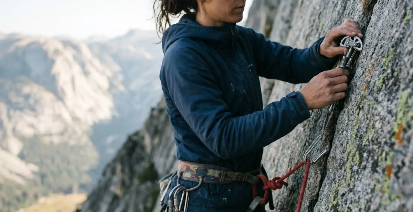 Climber placing traditional protection gear on natural rock face, showing hands positioning cam in granite crack