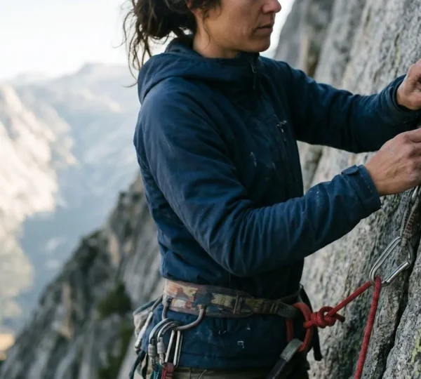 Climber placing traditional protection gear on natural rock face, showing hands positioning cam in granite crack