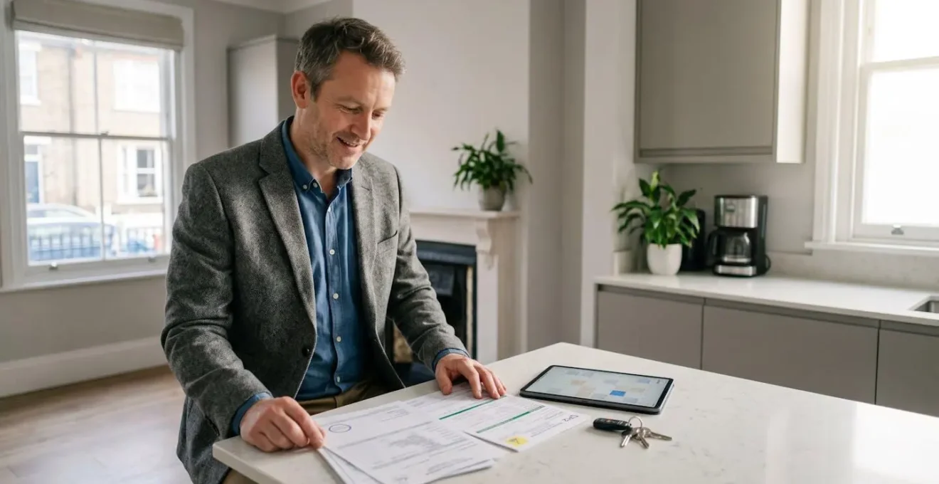 Professional landlord reviewing safety inspection certificates in modern UK rental property