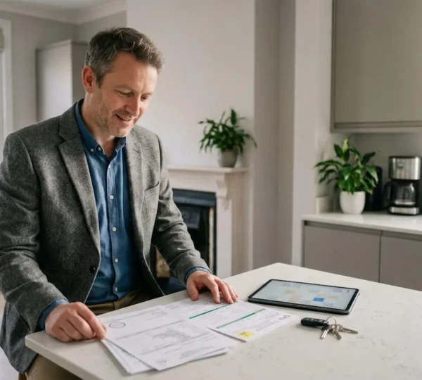 Professional landlord reviewing safety inspection certificates in modern UK rental property