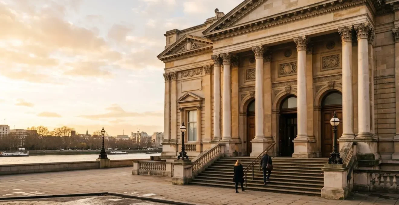 Wide shot of an iconic London art gallery facade with visitors walking toward entrance, golden hour lighting