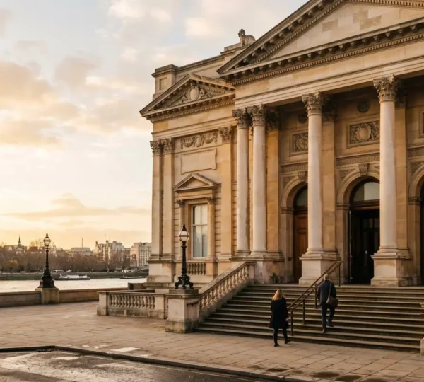 Wide shot of an iconic London art gallery facade with visitors walking toward entrance, golden hour lighting