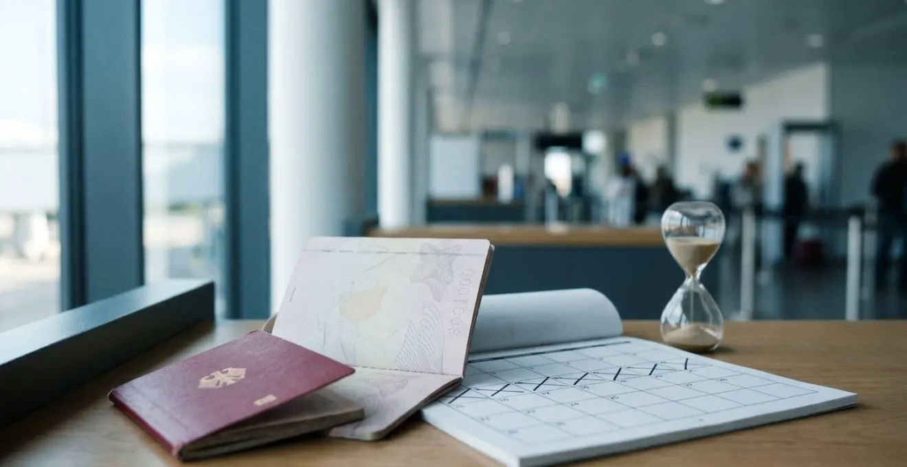Stressed traveler checking calendar and passport at European border control desk with clock showing deadline approaching