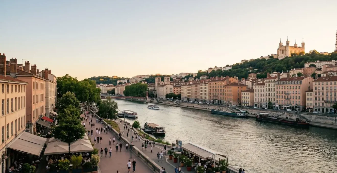 Aerial view of Lyon's Presqu'île peninsula between two rivers with historic architecture and pedestrian-friendly streets