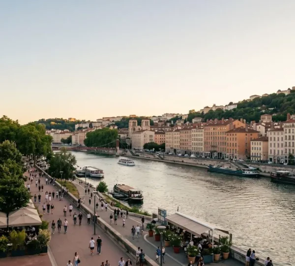 Aerial view of Lyon's Presqu'île peninsula between two rivers with historic architecture and pedestrian-friendly streets