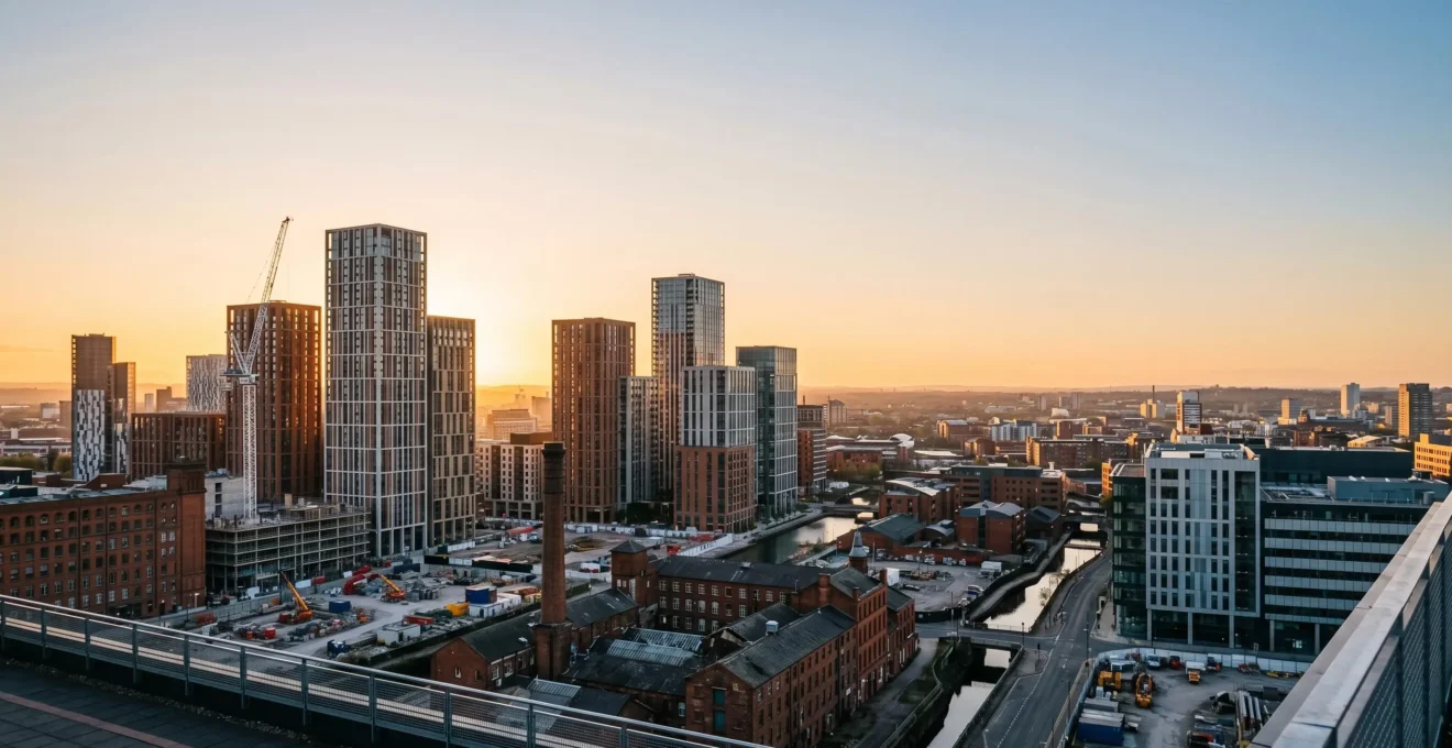 Wide aerial view of Manchester regeneration zones showcasing modern development and urban transformation