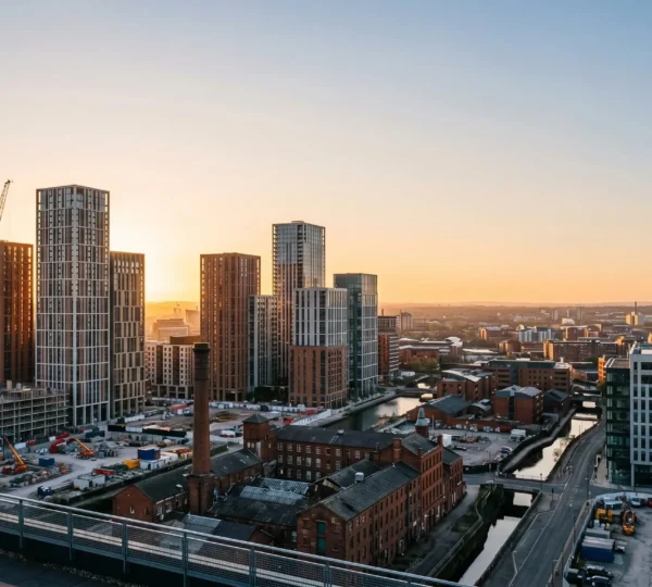 Wide aerial view of Manchester regeneration zones showcasing modern development and urban transformation