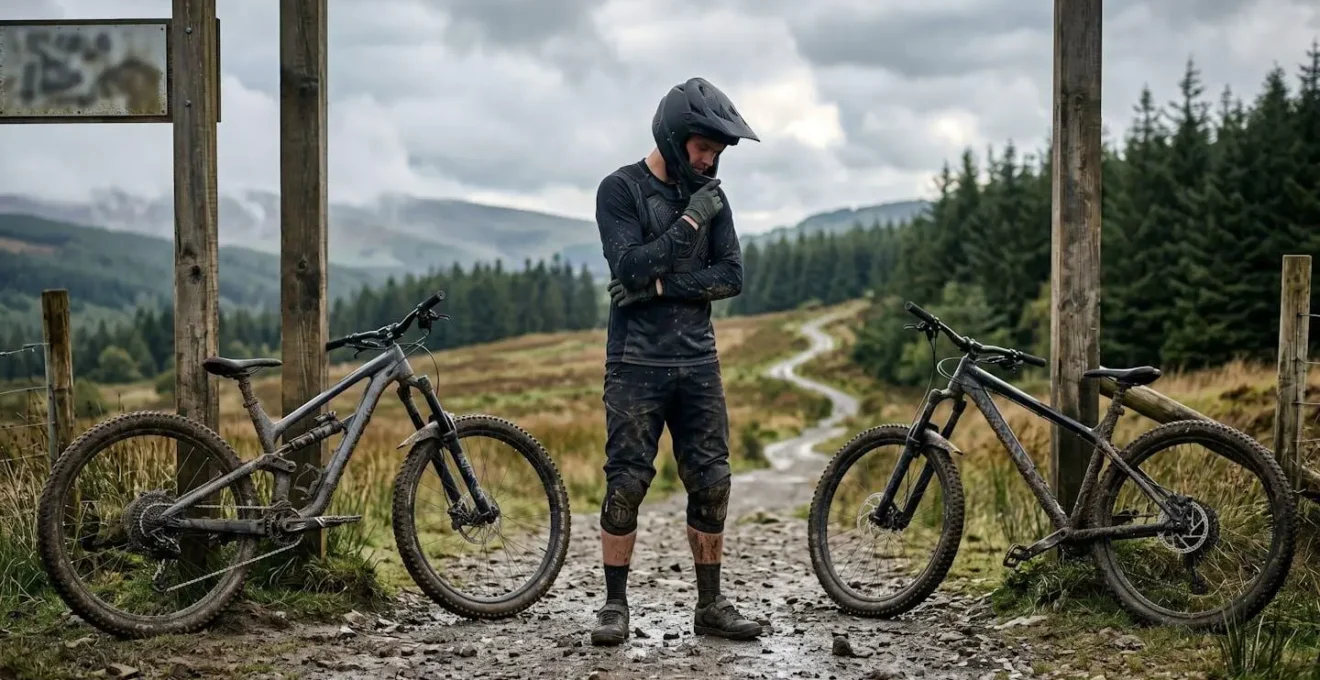 Mountain biker in protective gear standing between two mountain bikes at the entrance of a bike park with Welsh valley terrain in the background