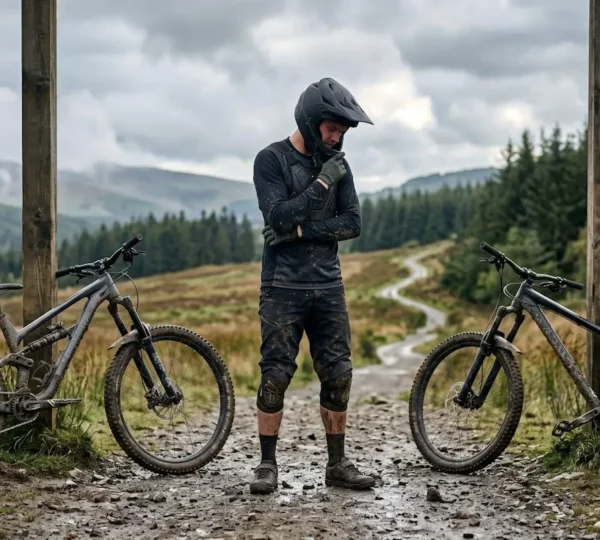 Mountain biker in protective gear standing between two mountain bikes at the entrance of a bike park with Welsh valley terrain in the background