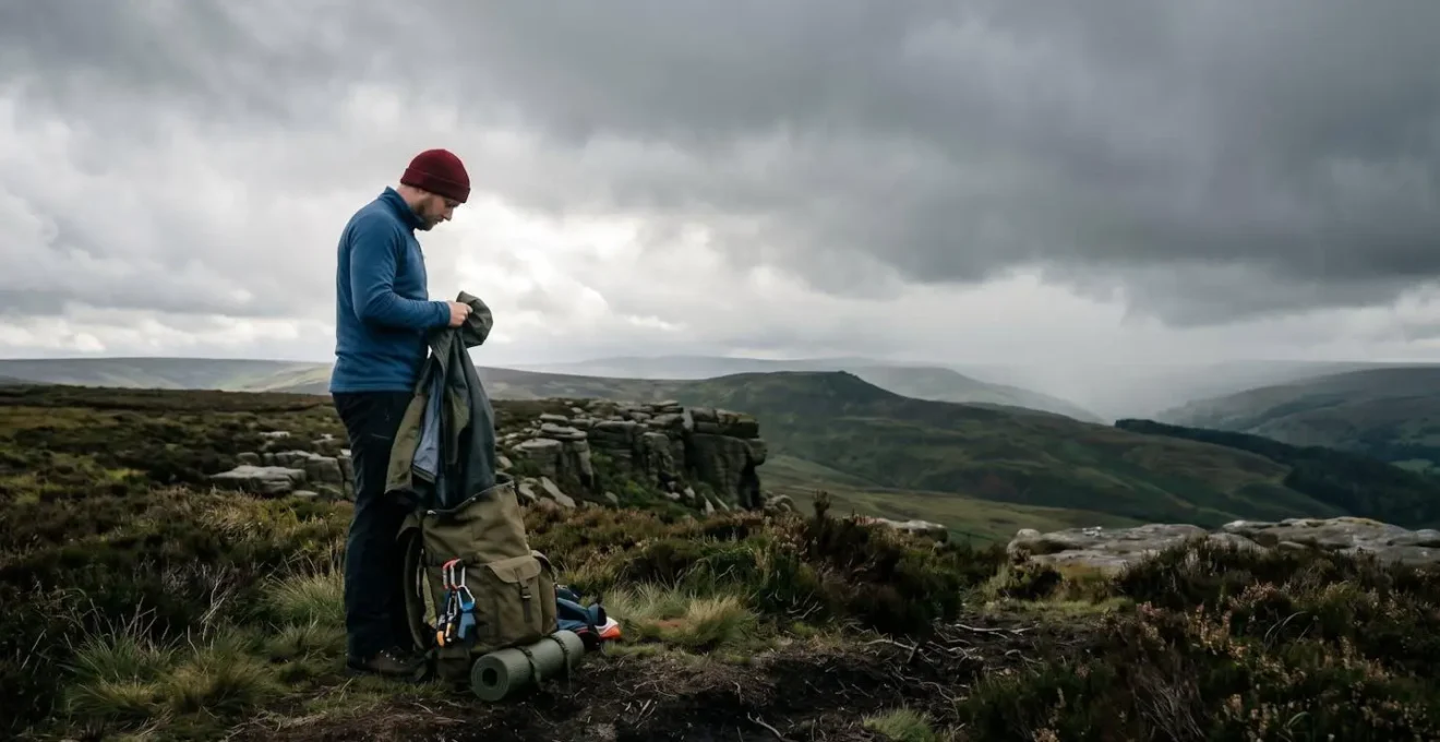 Hiker preparing waterproof gear with Peak District moorland in background under dramatic grey clouds