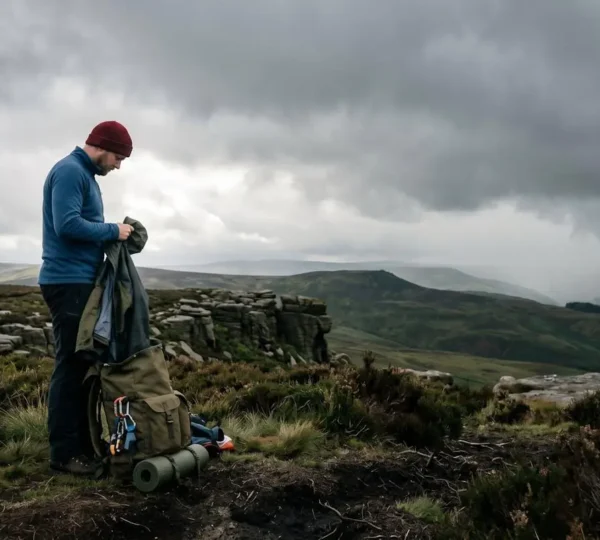 Hiker preparing waterproof gear with Peak District moorland in background under dramatic grey clouds