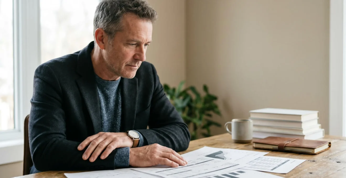 Mature investor reviewing financial portfolio strategy with focus on risk management after age fifty