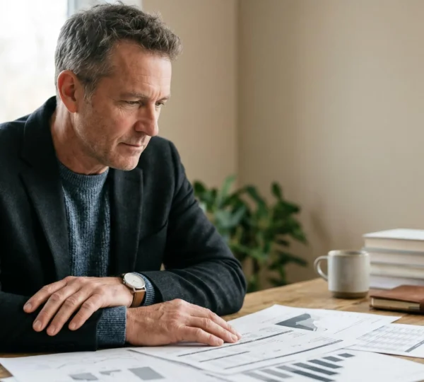 Mature investor reviewing financial portfolio strategy with focus on risk management after age fifty