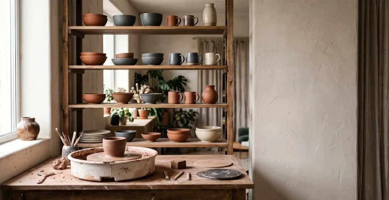 Ceramic pottery wheel workspace with handmade clay vessels in a home studio environment