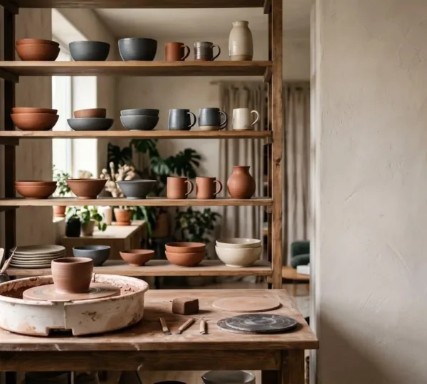 Ceramic pottery wheel workspace with handmade clay vessels in a home studio environment