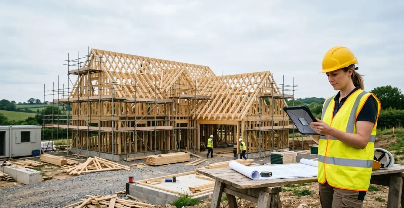 Project manager reviewing construction blueprints at self-build site with building framework in background