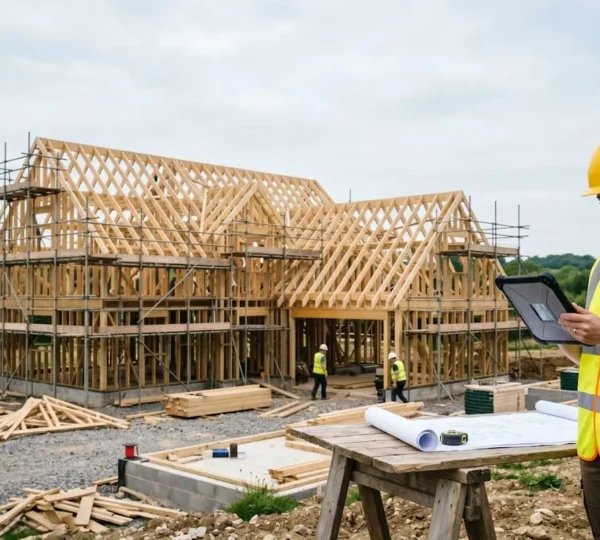 Project manager reviewing construction blueprints at self-build site with building framework in background