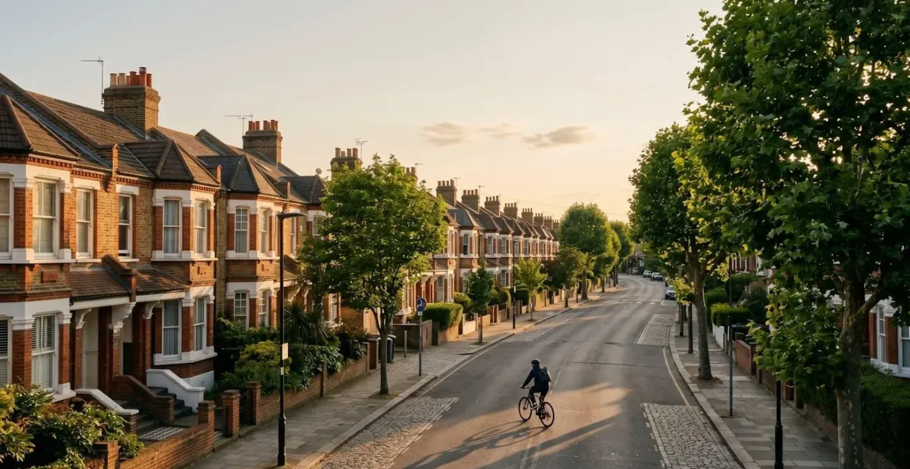 A serene urban scene capturing the essence of slow living in London with intentional negative space