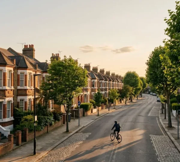 A serene urban scene capturing the essence of slow living in London with intentional negative space