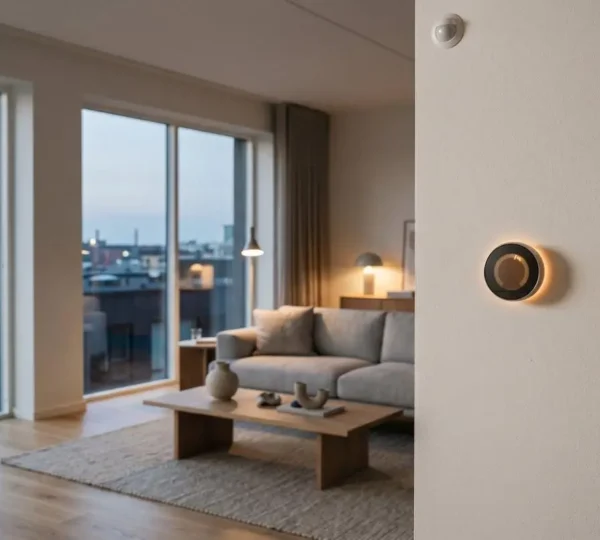 Modern smart home automation hub controlling heating and lighting systems for energy efficiency