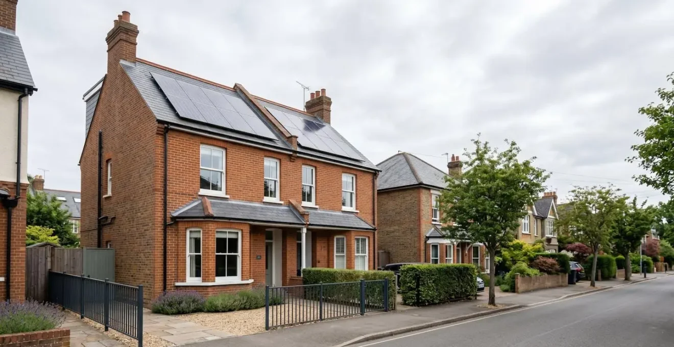 Modern UK home exterior with solar panels on roof under natural daylight sky