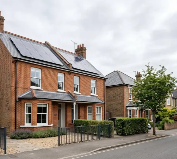 Modern UK home exterior with solar panels on roof under natural daylight sky